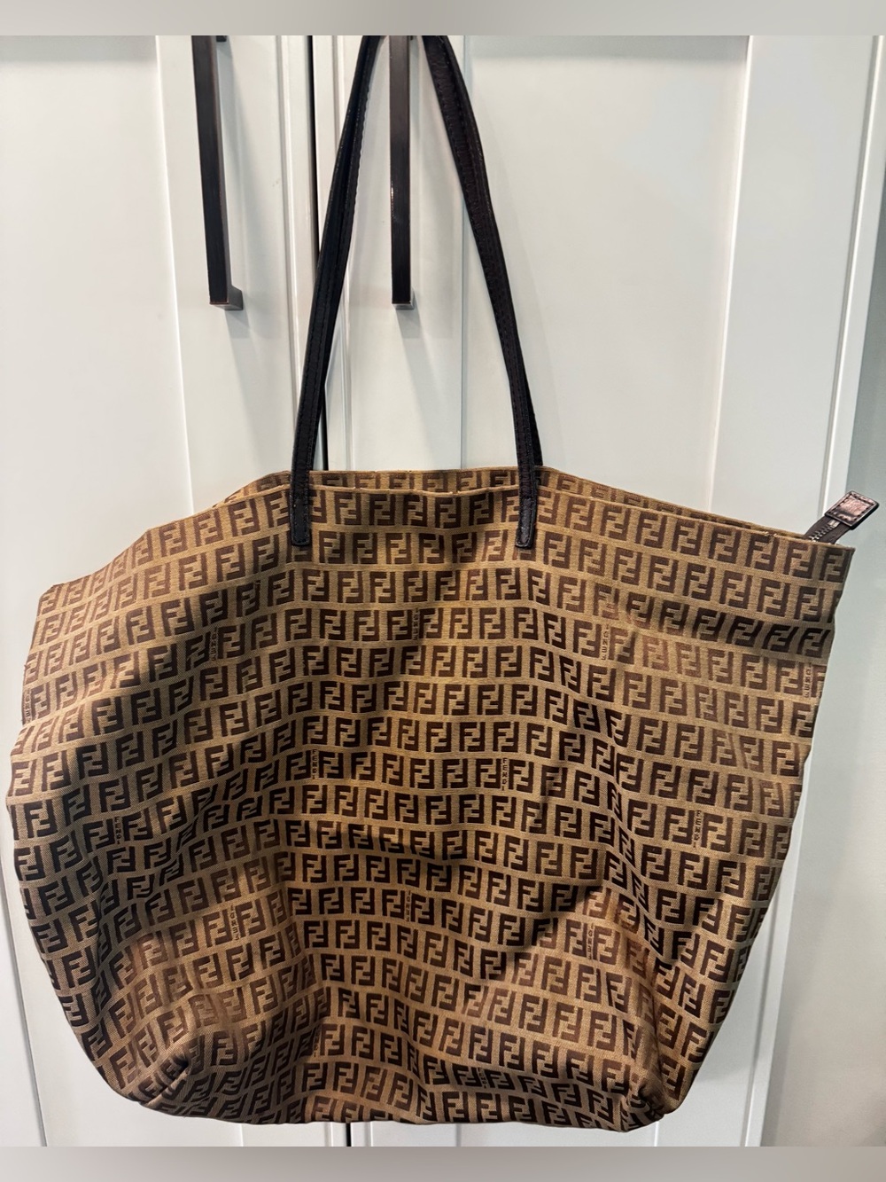 Authentic Vintage Fendi Zucca Canvas Tote Bag with Leather Handles